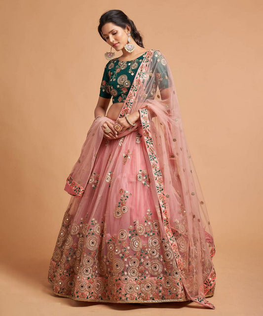 Lehenga Peach Net Embroidered Unstitched