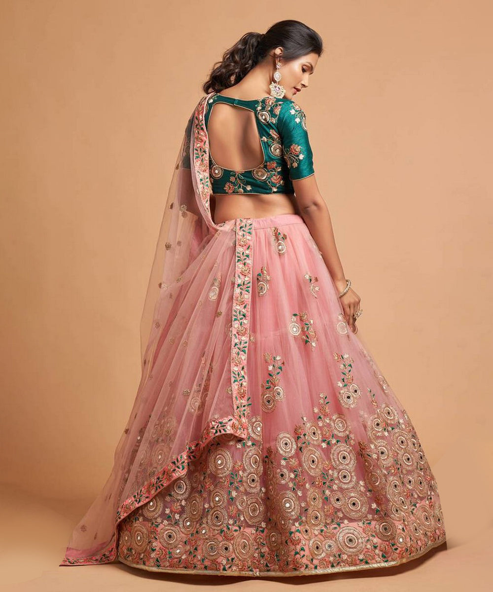 Lehenga Peach Net Embroidered Unstitched