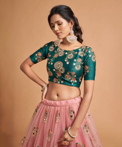 Lehenga Peach Net Embroidered Unstitched