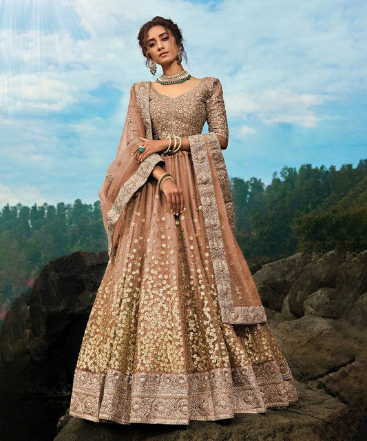 Lehenga Light Brown Net Sequin Unstitched