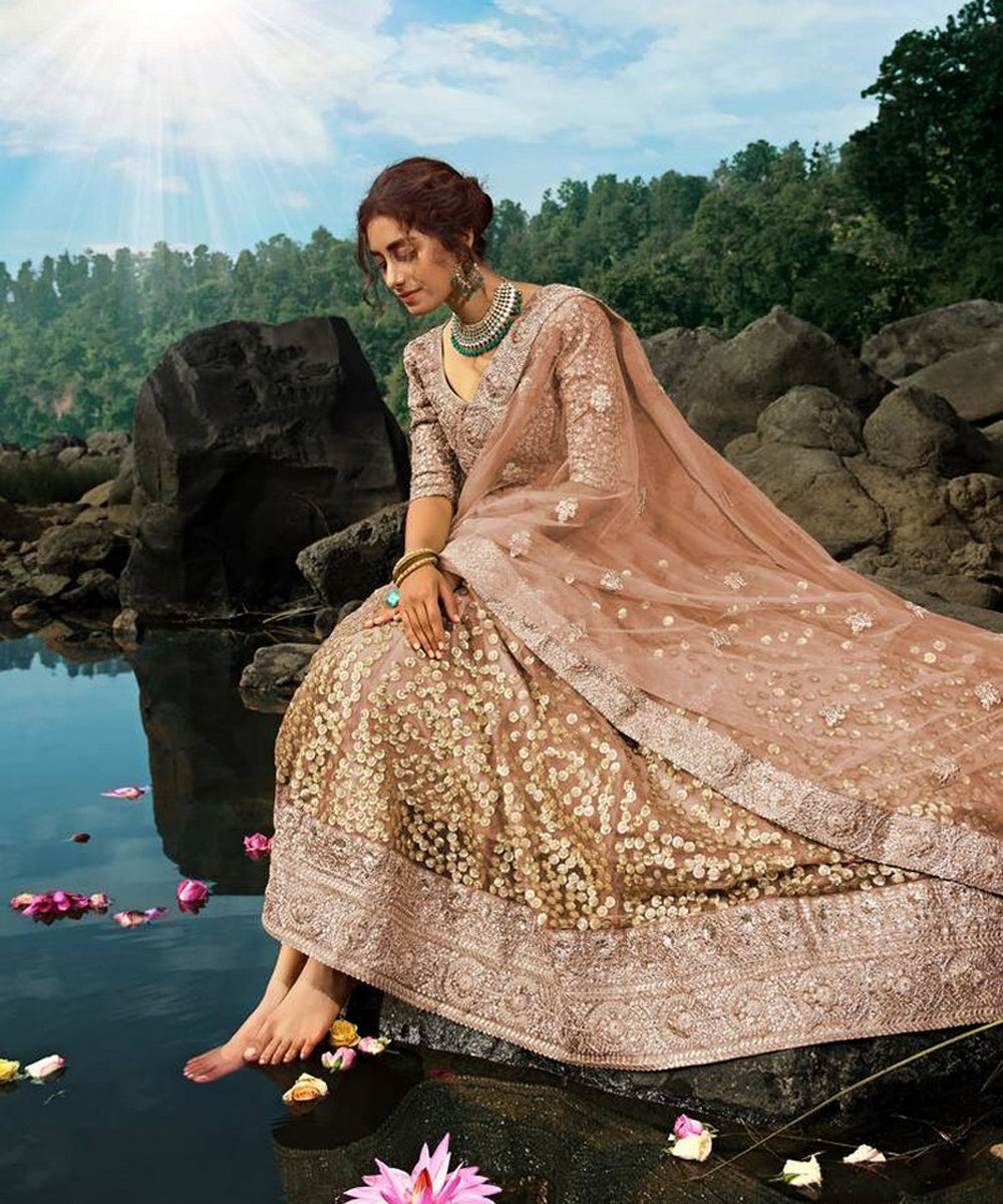 Lehenga Light Brown Net Sequin Unstitched