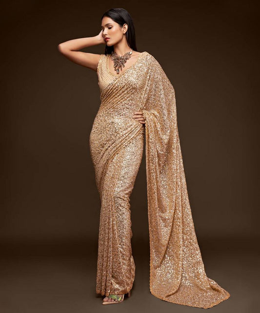 Beige Georgette Saree with Thread Detailing and Multi Sequins Work