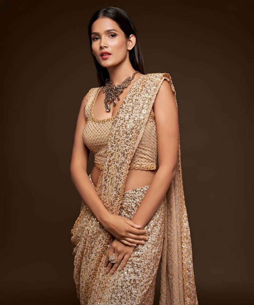 Beige Georgette Saree with Thread Detailing and Multi Sequins Work