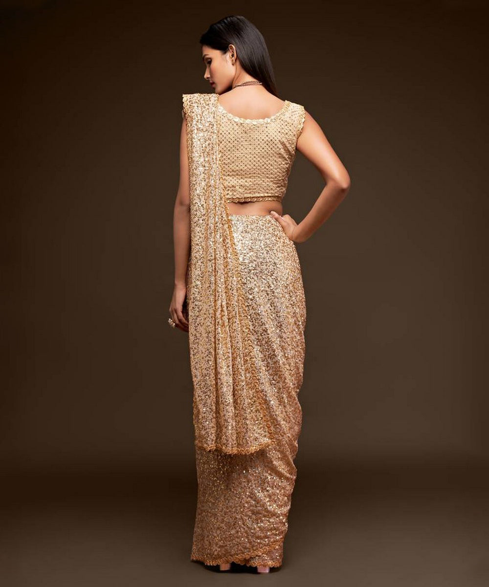 Beige Georgette Saree with Thread Detailing and Multi Sequins Work