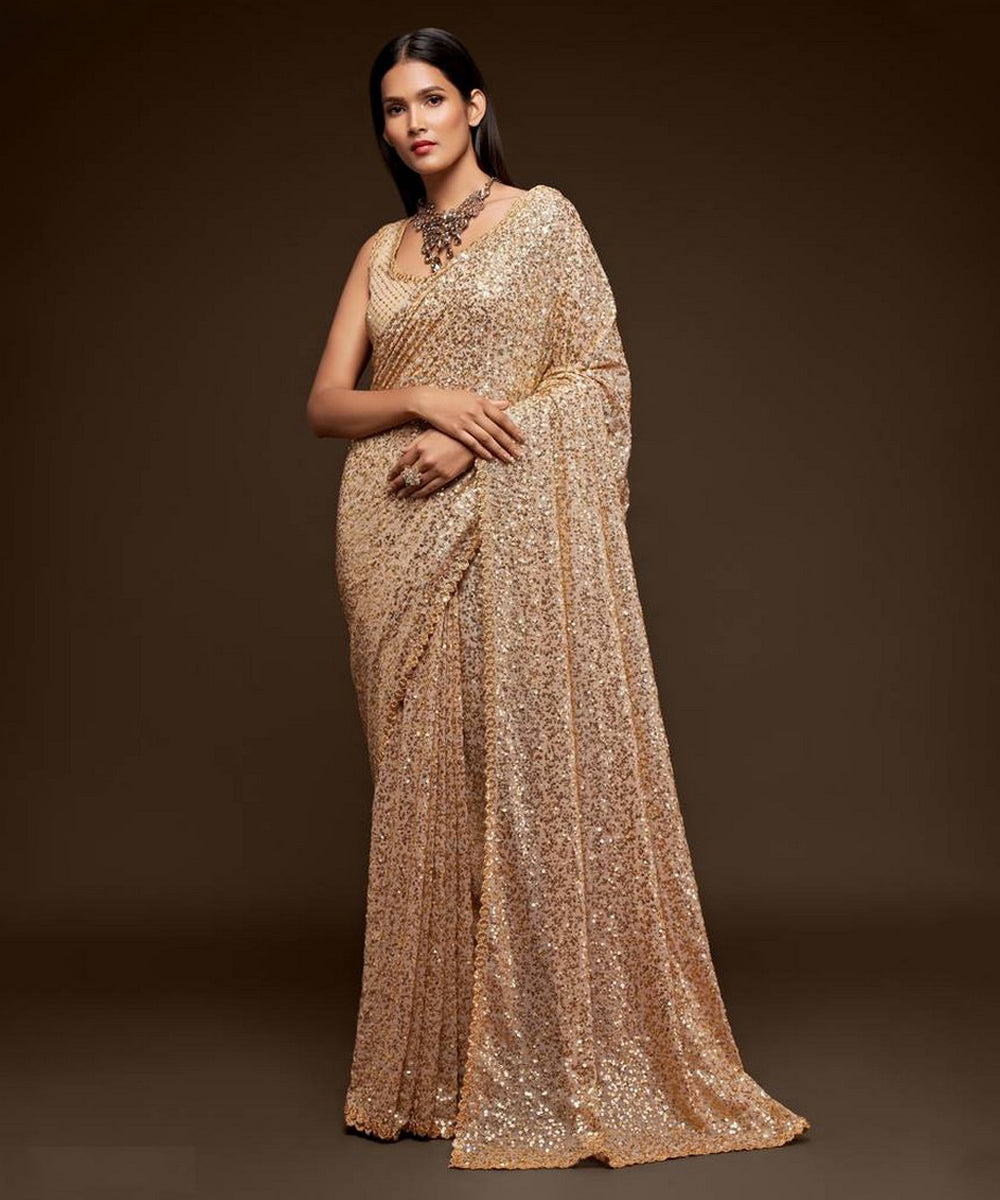 Beige Georgette Saree with Thread Detailing and Multi Sequins Work