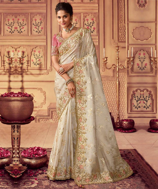 Cream Art Silk Saree with Heavy Embroidery