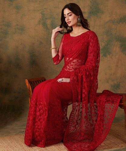 Red Net Saree with Floral Embroidery and Matching Blouse