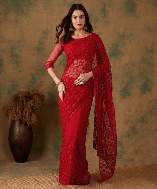 Red Net Saree with Floral Embroidery and Matching Blouse