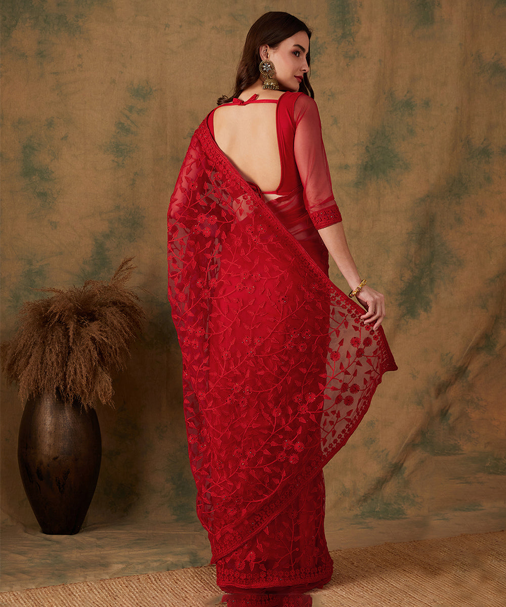 Red Net Saree with Floral Embroidery and Matching Blouse