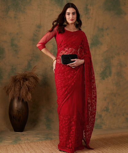 Red Net Saree with Floral Embroidery and Matching Blouse