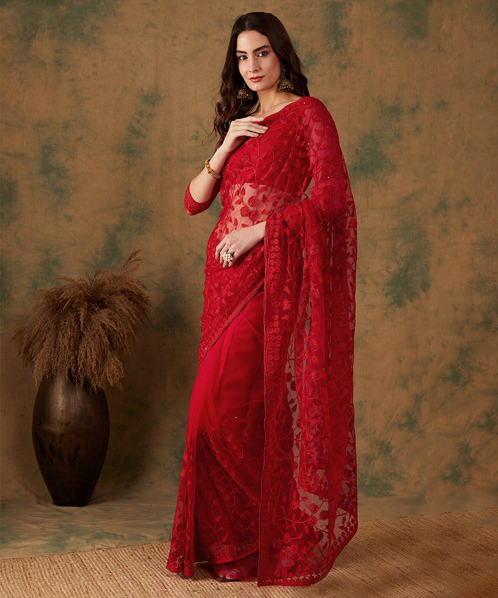 Red Net Saree with Floral Embroidery and Matching Blouse