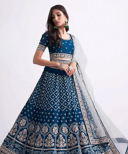 Lehenga Blue Net Embroidered Unstitched