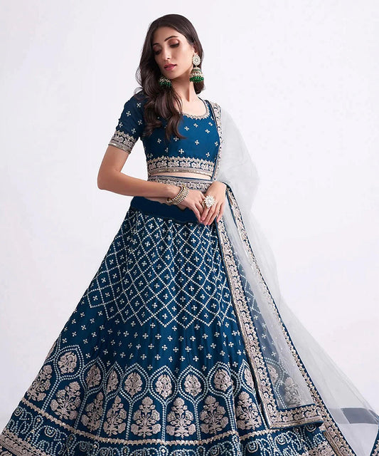 Lehenga Blue Net Embroidered Unstitched