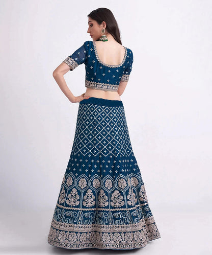 Lehenga Blue Net Embroidered Unstitched