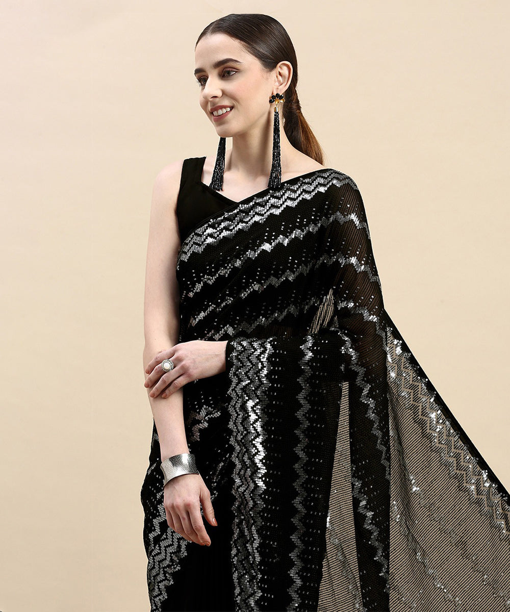 Black Soft Georgette Saree with Classic Drape and Unstitched Blouse