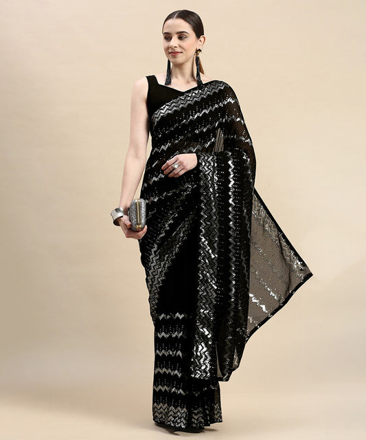 Black Soft Georgette Saree with Classic Drape and Unstitched Blouse