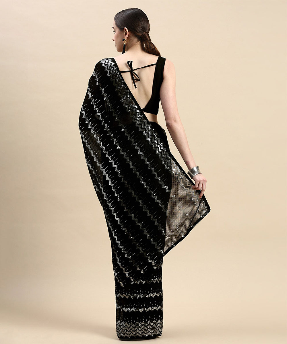 Black Soft Georgette Saree with Classic Drape and Unstitched Blouse