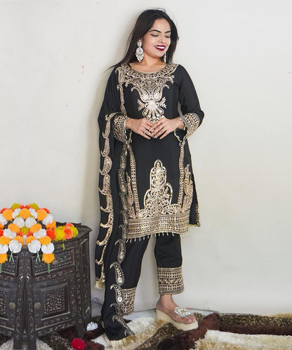 Pakistani Black Chinnon Silk Suit with Heavy Embroidery