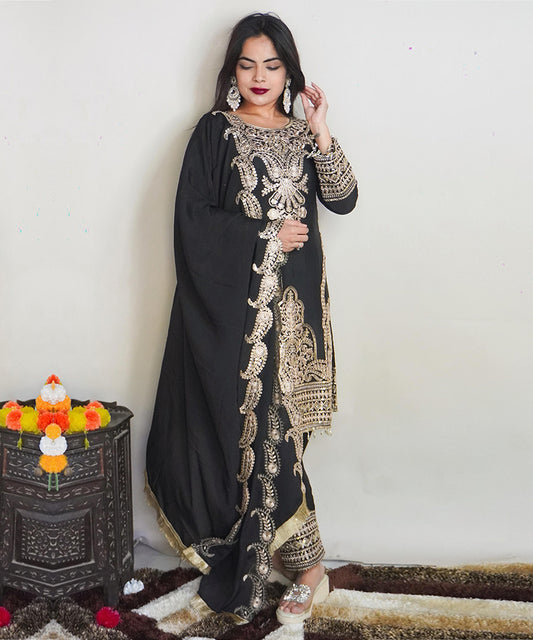 Pakistani Black Chinnon Silk Suit with Heavy Embroidery