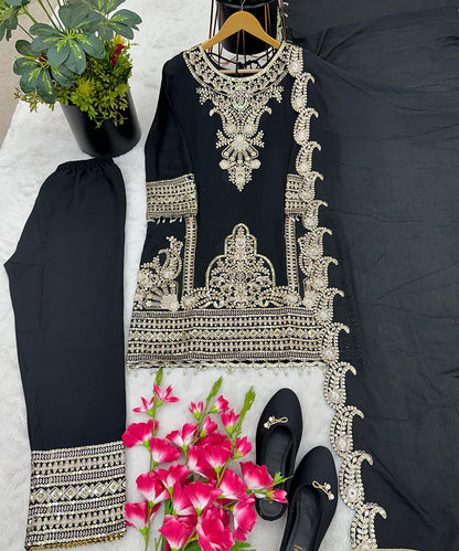 Pakistani Black Chinnon Silk Suit with Heavy Embroidery