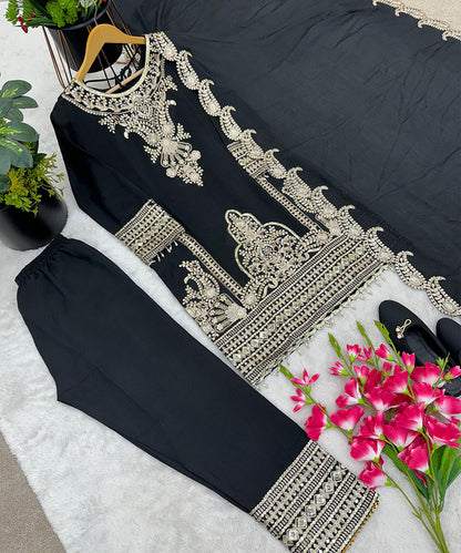 Pakistani Black Chinnon Silk Suit with Heavy Embroidery