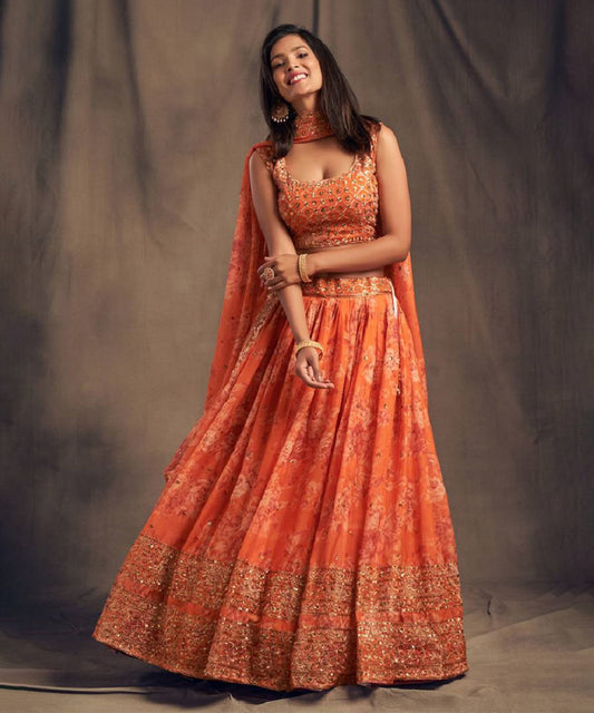 Lehenga Orange Organza Zari Unstitched