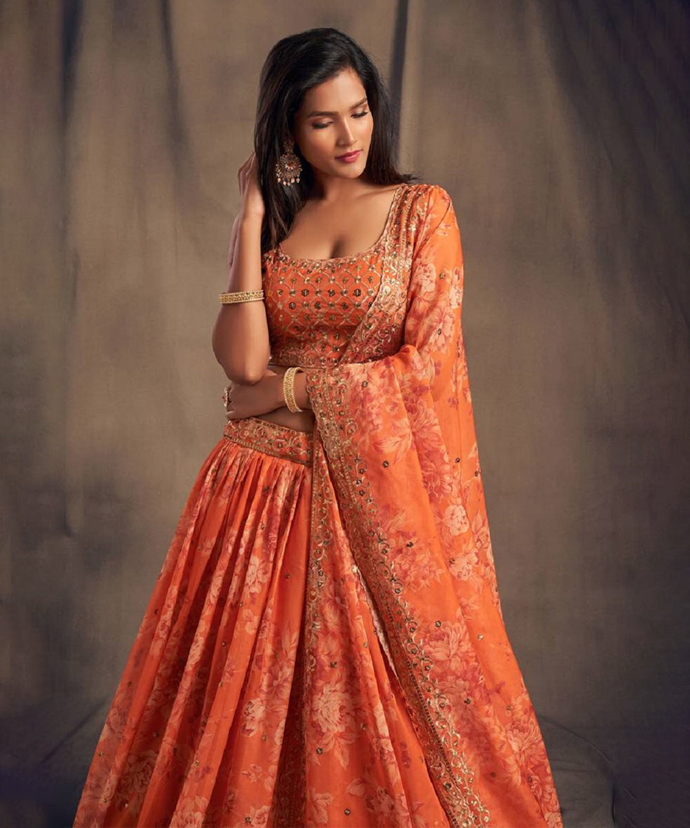 Lehenga Orange Organza Zari Unstitched