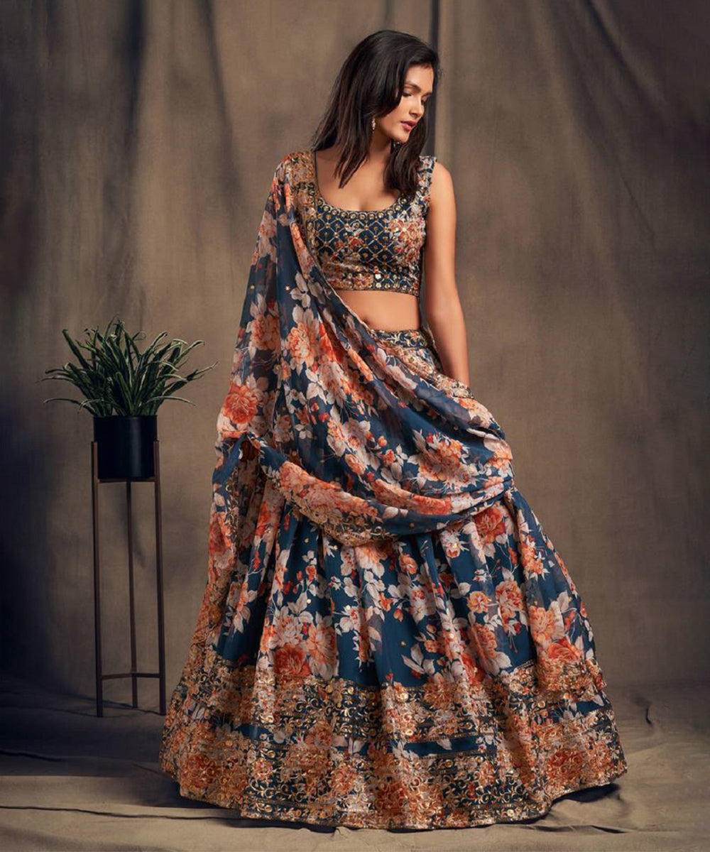 Lehenga Teal Organza Bridal Unstitched