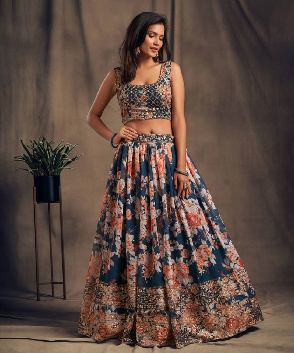 Lehenga Teal Organza Bridal Unstitched