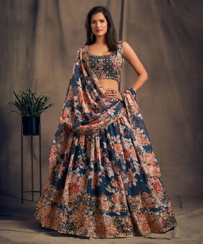 Lehenga Teal Organza Bridal Unstitched