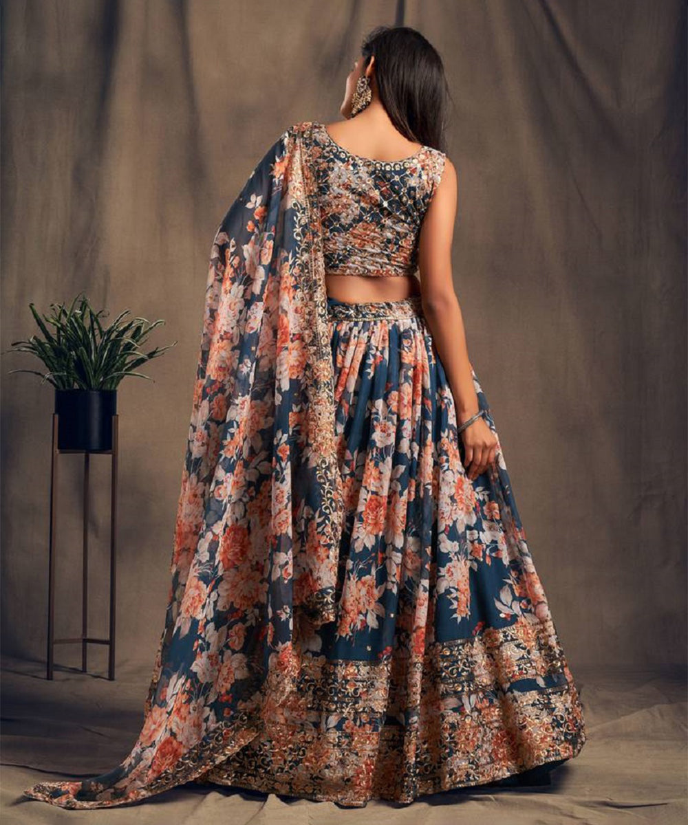 Lehenga Teal Organza Bridal Unstitched