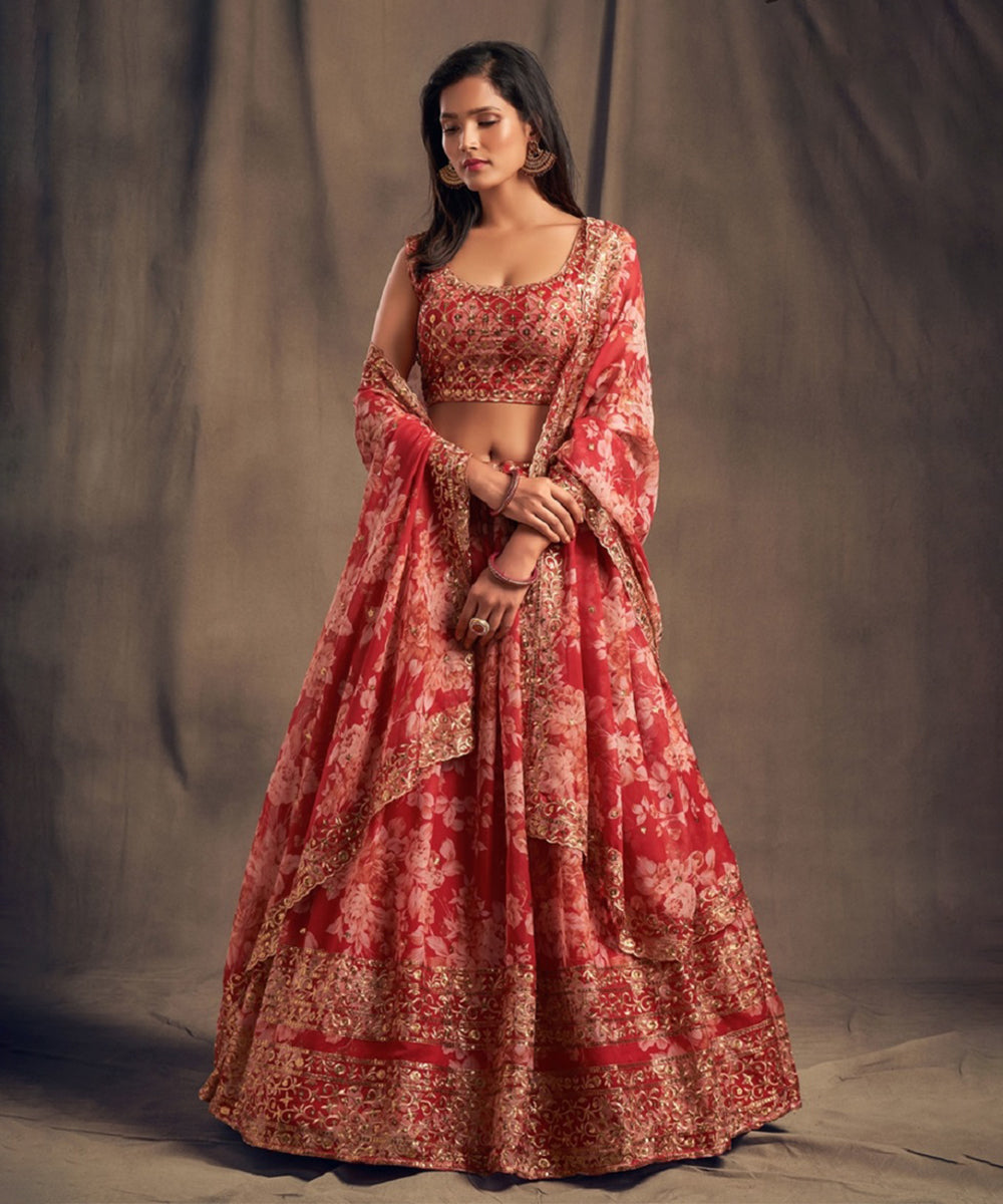 Lehenga Red Zari Sequin Bridal Unstitched