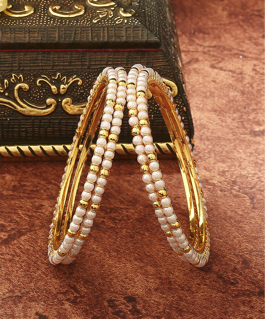 White Gold Beaded Alloy Bangles Set of 2