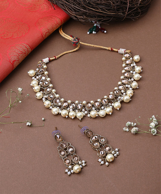Kundan White Gold Beaded Necklace Set With Earrings