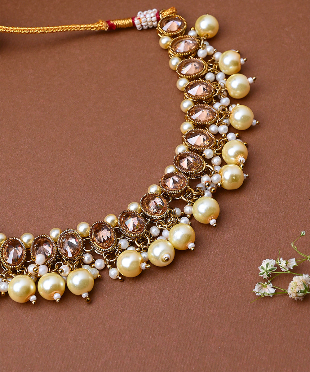 Kundan White Gold Beaded Necklace Set With Earrings