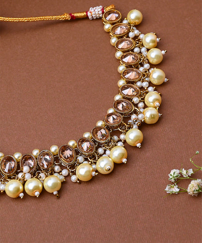 Kundan White Gold Beaded Necklace Set With Earrings