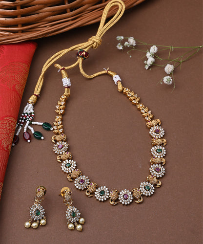 Traditional Multicolour Gold Plated Necklace Set With Earrings
