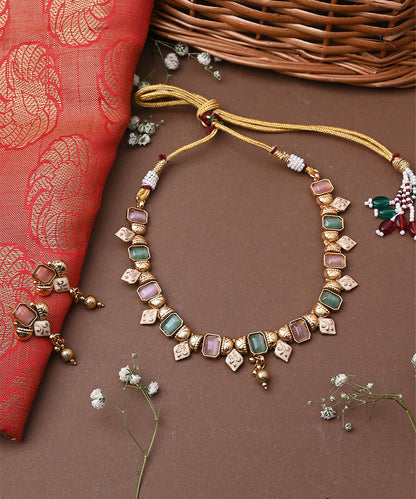 Multicolour Necklace Set With Pink And Green Stones