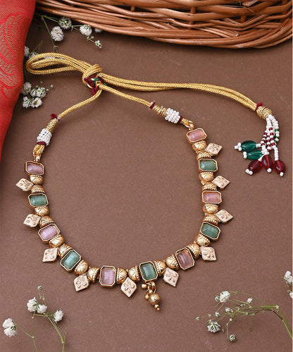 Multicolour Necklace Set With Pink And Green Stones