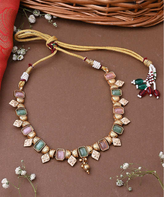 Multicolour Necklace Set With Pink And Green Stones