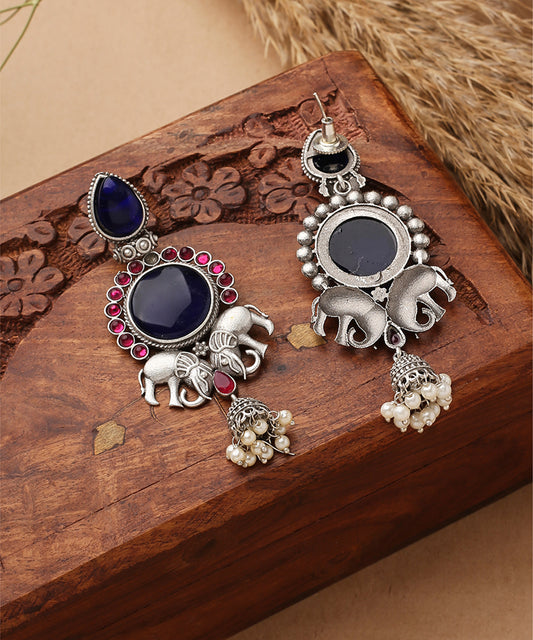 Long Sea Blue Elephant Earrings