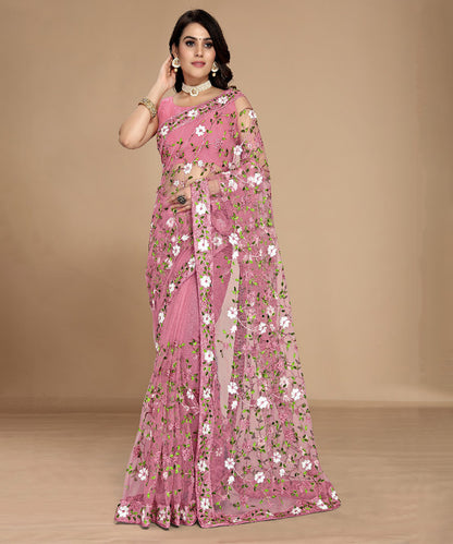 Pink Soft Net Saree with Delicate Floral Embroidery