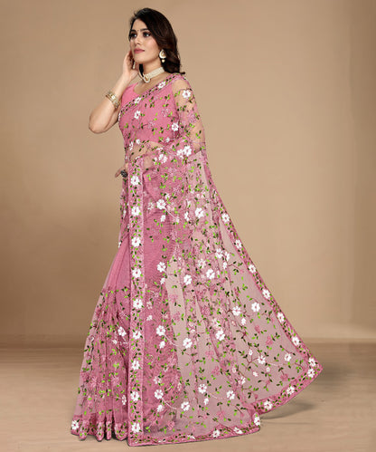 Pink Soft Net Saree with Delicate Floral Embroidery