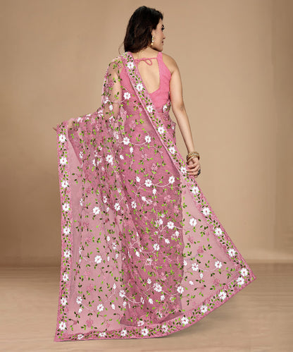 Pink Soft Net Saree with Delicate Floral Embroidery