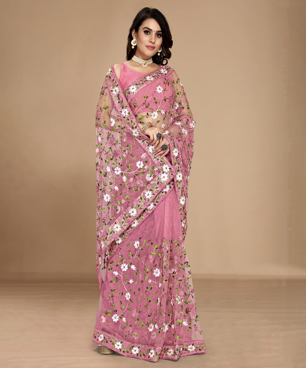 Pink Soft Net Saree with Delicate Floral Embroidery