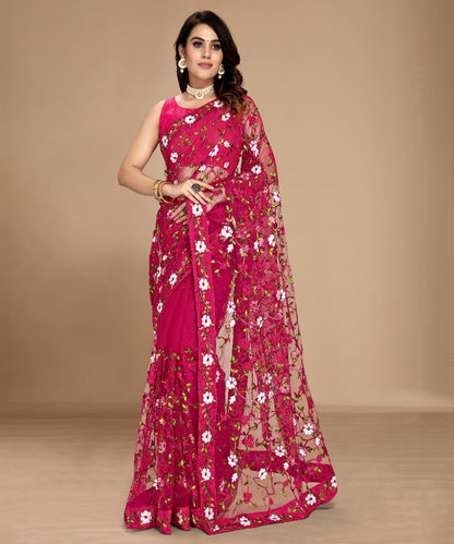 Soft Net Saree with Graceful Floral Embroidery and Light Draping