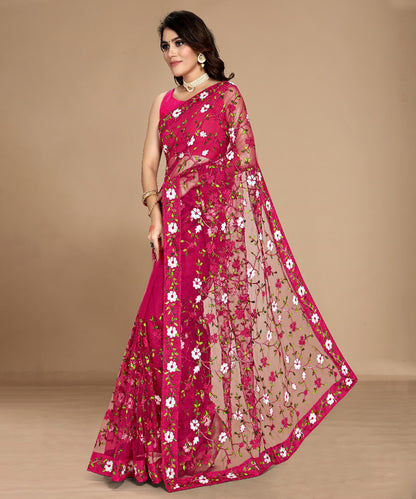 Soft Net Saree with Graceful Floral Embroidery and Light Draping