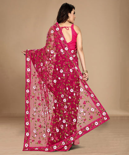 Soft Net Saree with Graceful Floral Embroidery and Light Draping