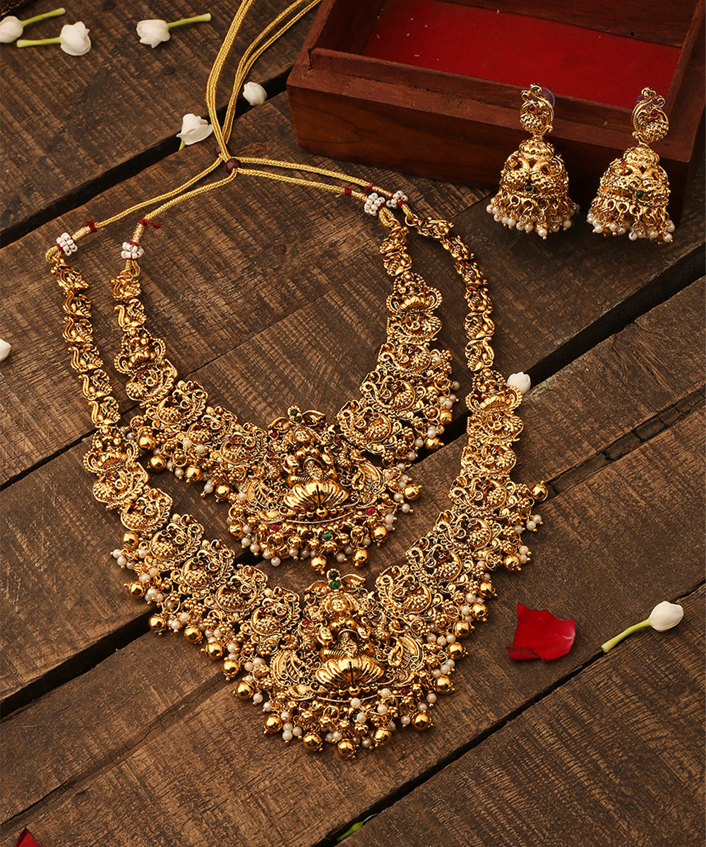 Laxmi Goddess Motif Set of Two Bridal Necklace with Earrings