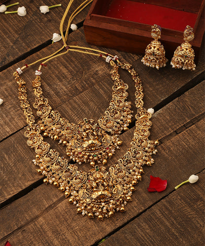 Laxmi Goddess Motif Set of Two Bridal Necklace with Earrings